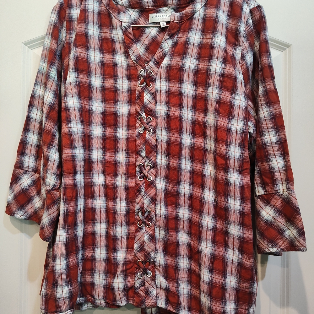 Skies Are Blue Curvy Red Plaid Blouse Lace Up Detail 3/4 Bell Sleeve